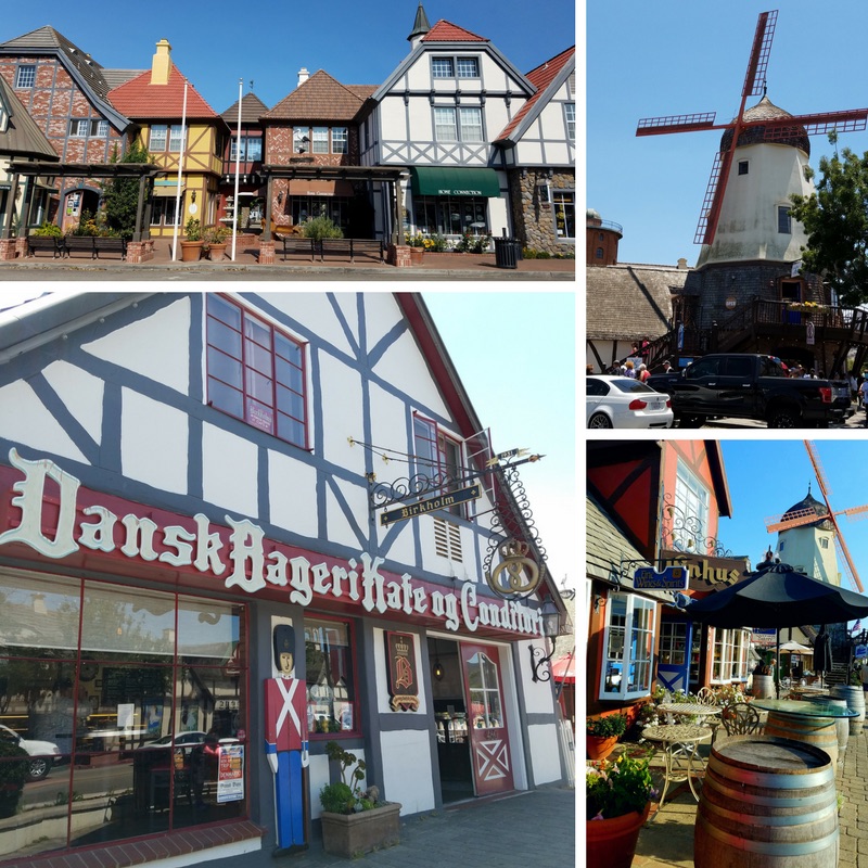 Danish Architecture in Downtown Solvang, various buildings including their iconic windmills