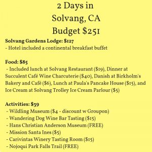 Budget for a 2 Day Trip to Solvang California