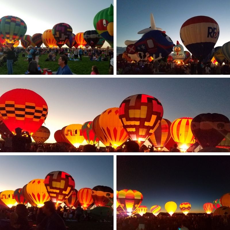 Hot Air Balloons light up against the night sky.