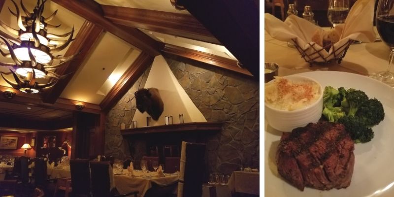 Restaurant with Bull Horn Chandelier and Buffalo Head over the fireplace; steak dinner with broccoli and cheesy pasta