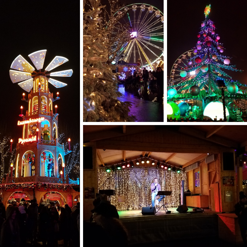 Night time Ferris Wheel, Christmas Tree, Stage, Tower at the Place de la Constitution, Luxembourg Christmas Market