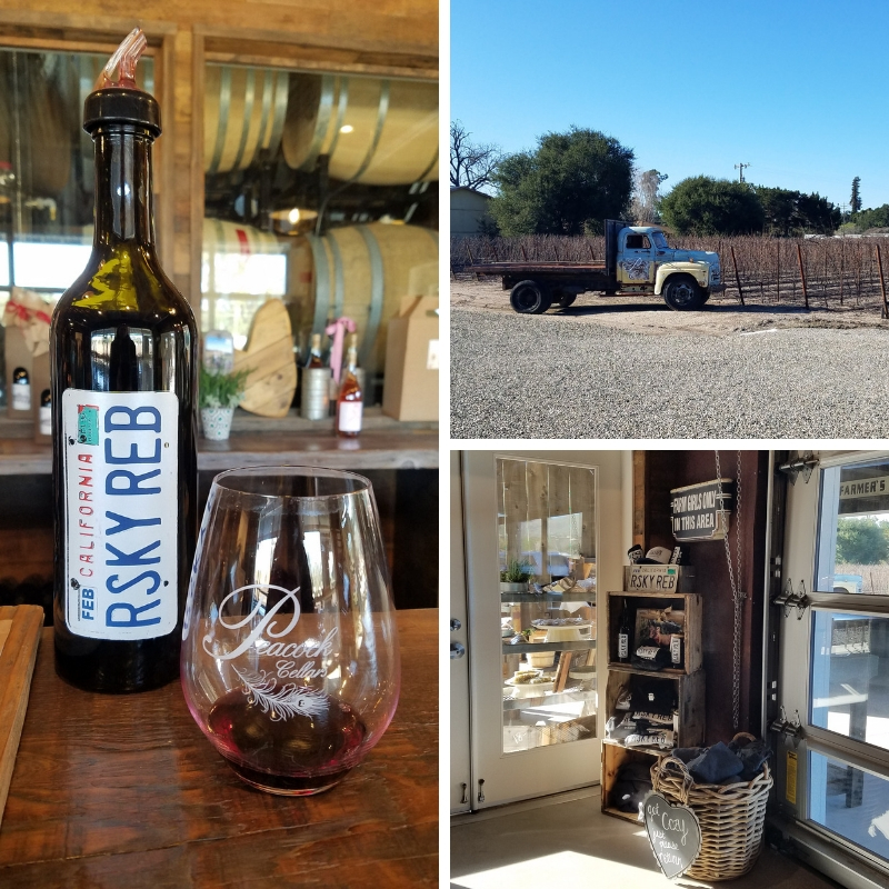 Collage of Risky Reb wine bottle and glass, truck on the grounds of Peacock Cellars vineyards, items for sale at the winery shop