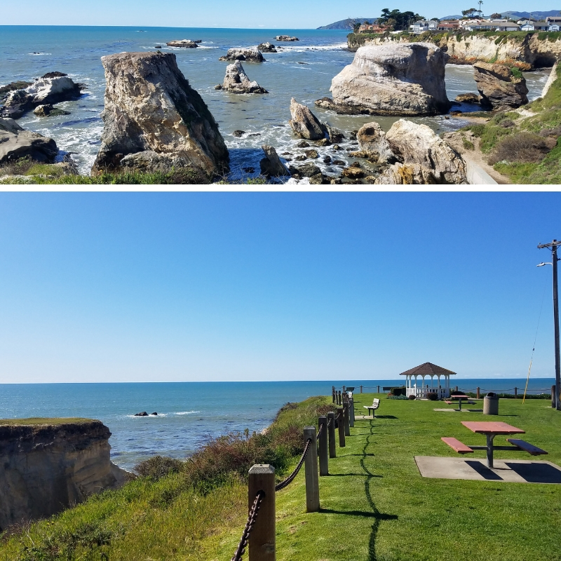 Collage of rocky coastline and grassy area with picnic tables and Gazebo at Dinosaur Caves Park in Pismo Beach CA